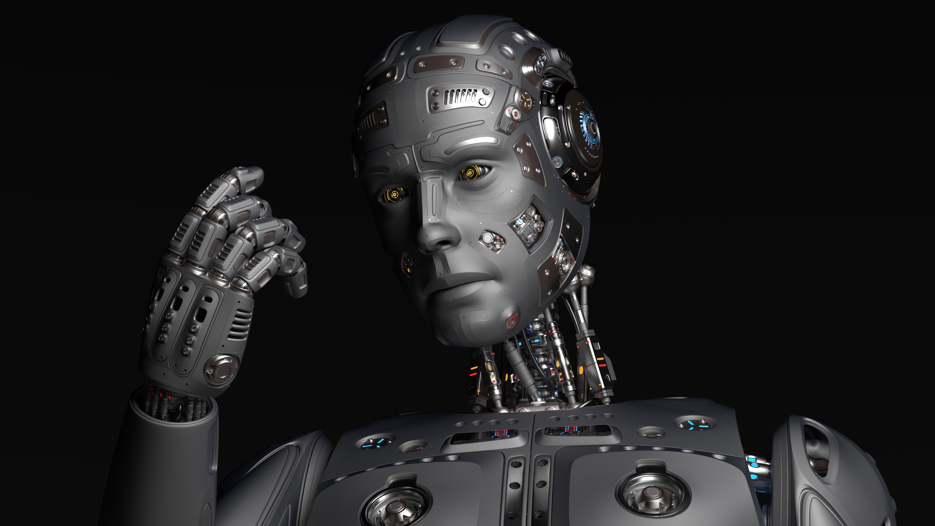 3D Render Futuristic Robot Man looking at his hand