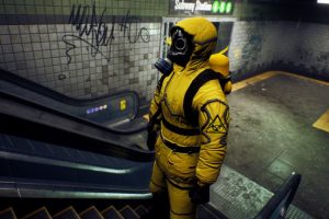 A survivor in chemical protective clothing climbs an escalator from a deserted subway. The concept of a post-apocalyptic world after a global pandemic. 3D Rendering