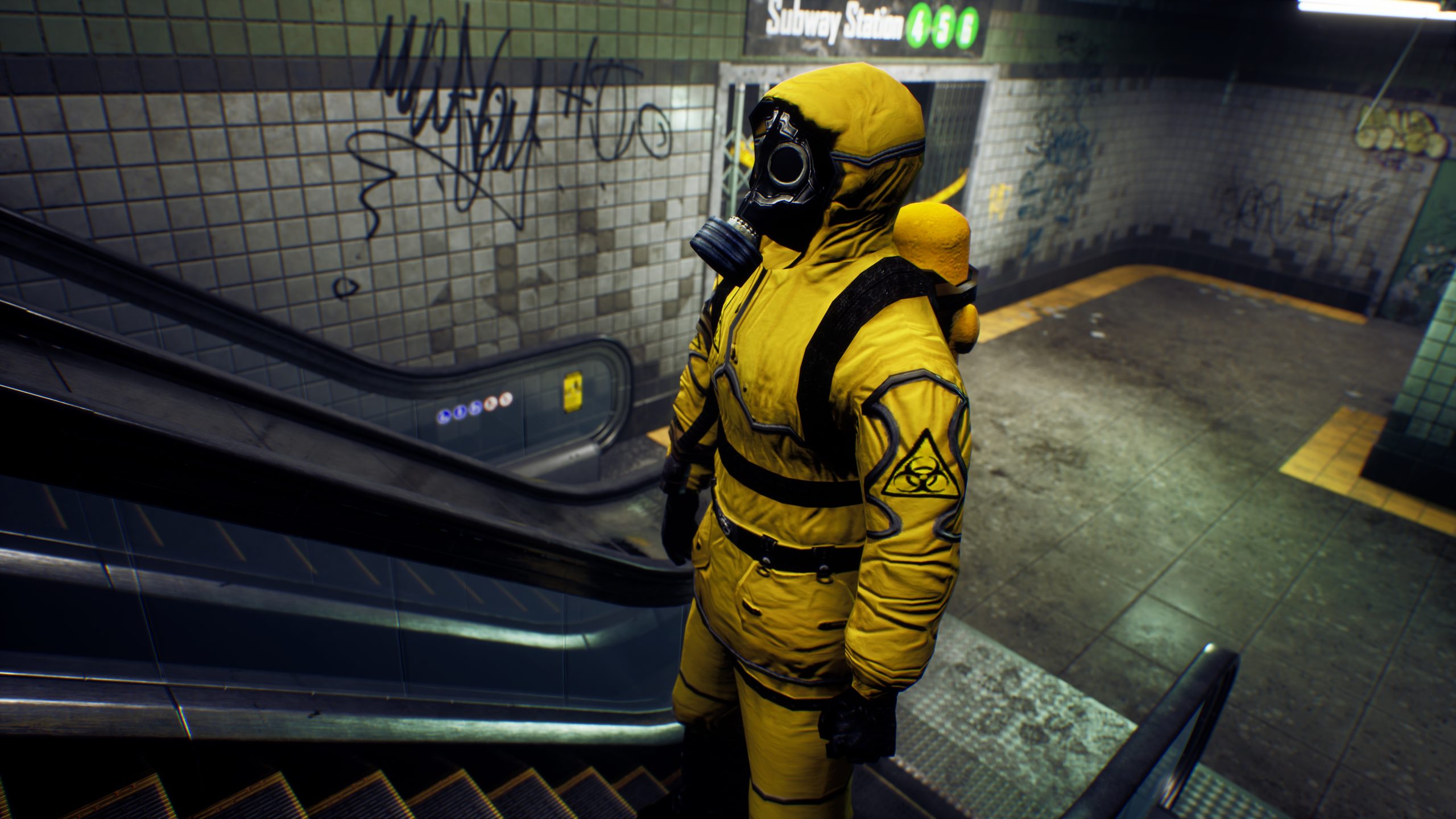 A survivor in chemical protective clothing climbs an escalator from a deserted subway. The concept of a post-apocalyptic world after a global pandemic. 3D Rendering