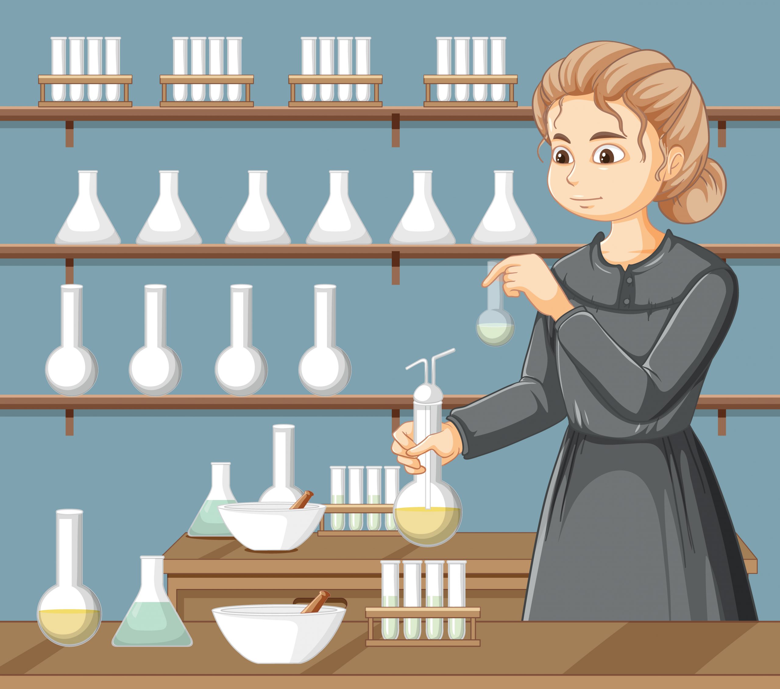 Portrait of Marie Curie in cartoon style