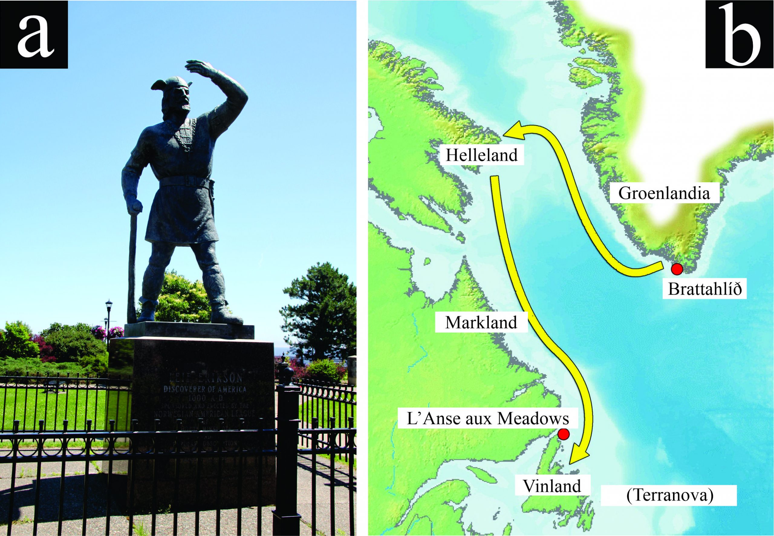 a) Estatua de Leif Erikson en Duluth, Minnesota, EEUU, cerca de la frontera con Canadá. b) Ruta de los viajes de los vikingos desde Brattalid, la granja de Erik el Rojo, hasta L’Anse aux Meadows en “Vinland”, Terranova (Canadá).