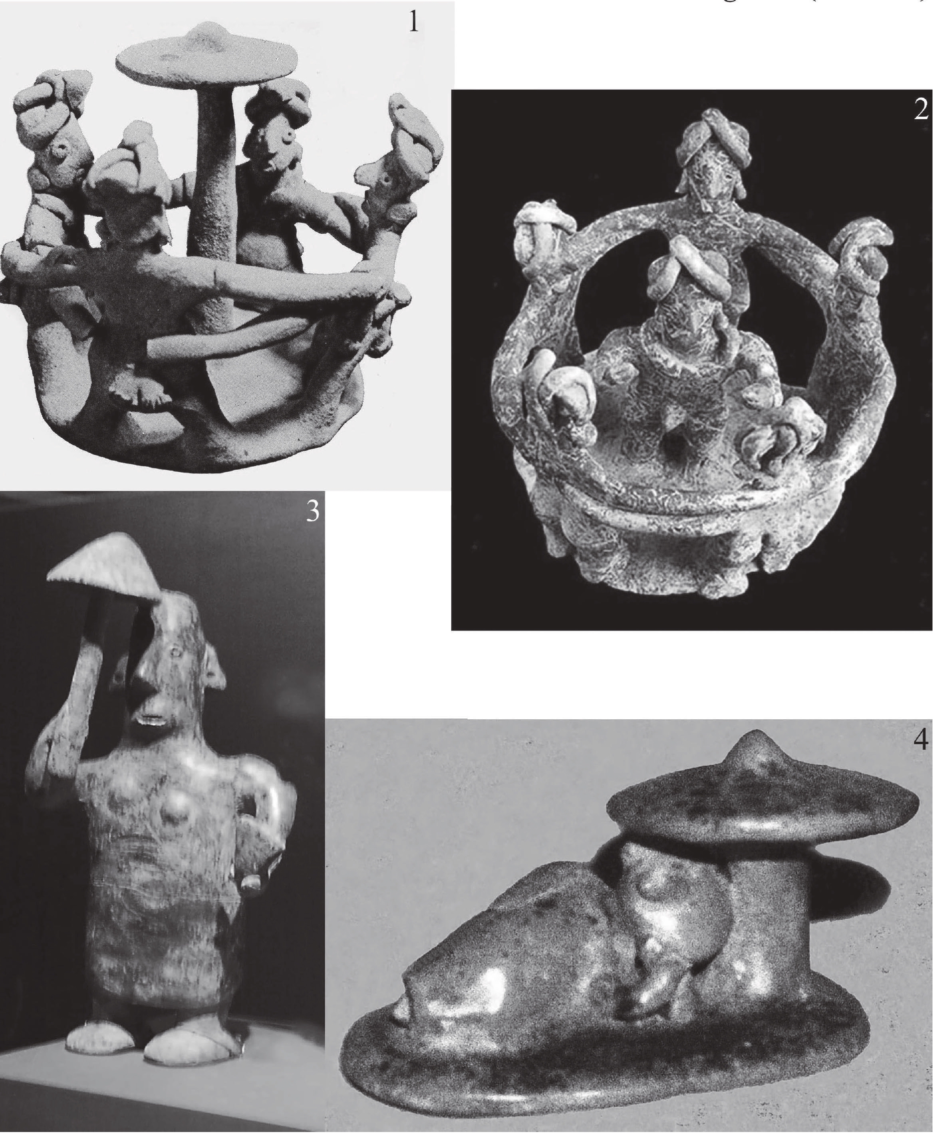 Figuras de cerámica de Colima. 1: Cuatro personajes abrazados entre sí y rodeando a un hongo gigante (el cual puede ser Psilocybe zapotecorum). Nótense los ojos desorbitados y los sombreros y brazos en forma de serpientes (tomado de Furst, 1974).